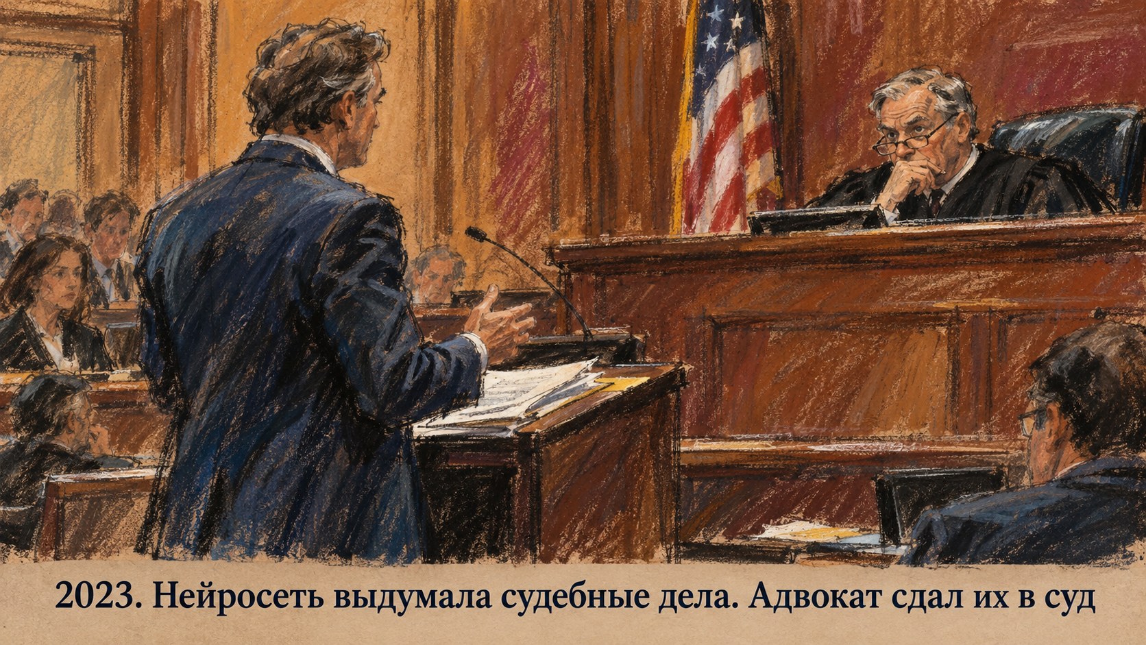 Судебный скетч: адвокат перед судьёй